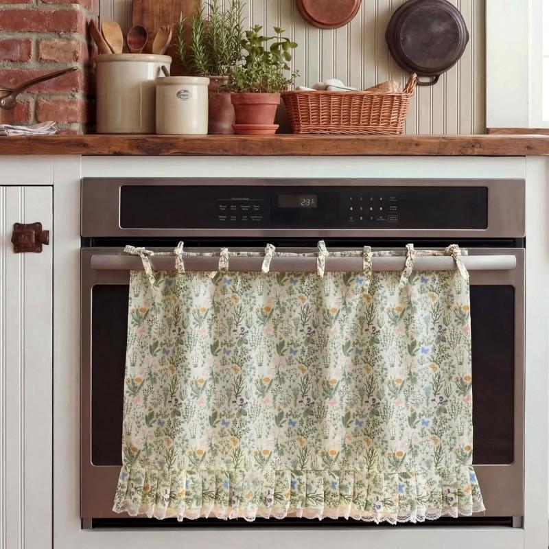 Green Floral Short Kitchen Curtain Oven Washing Machine Stove Cover Farmhouse Style Decorative Window Door Panel