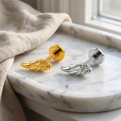 Титановые серьги-гвоздики с крылом, плоская задняя часть, 16G, Лабрет, Пирсинг губы, уха, хряща уха, козелка, хряща козелка, завитка, Пирсинг, Украшения