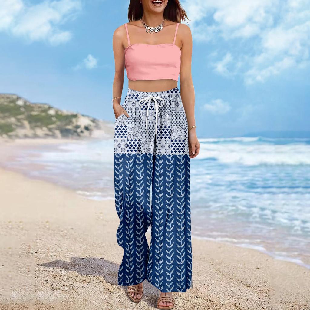 Women Summer Boho Palazzo Pants High Waist Wide Leg Floral Printing Casual Trousers With Pockets