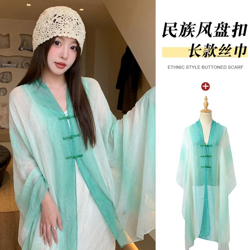 Small fresh green floral silk scarf women's summer travel buckle sunscreen large shawl beach towel thin yarn scarf scarf