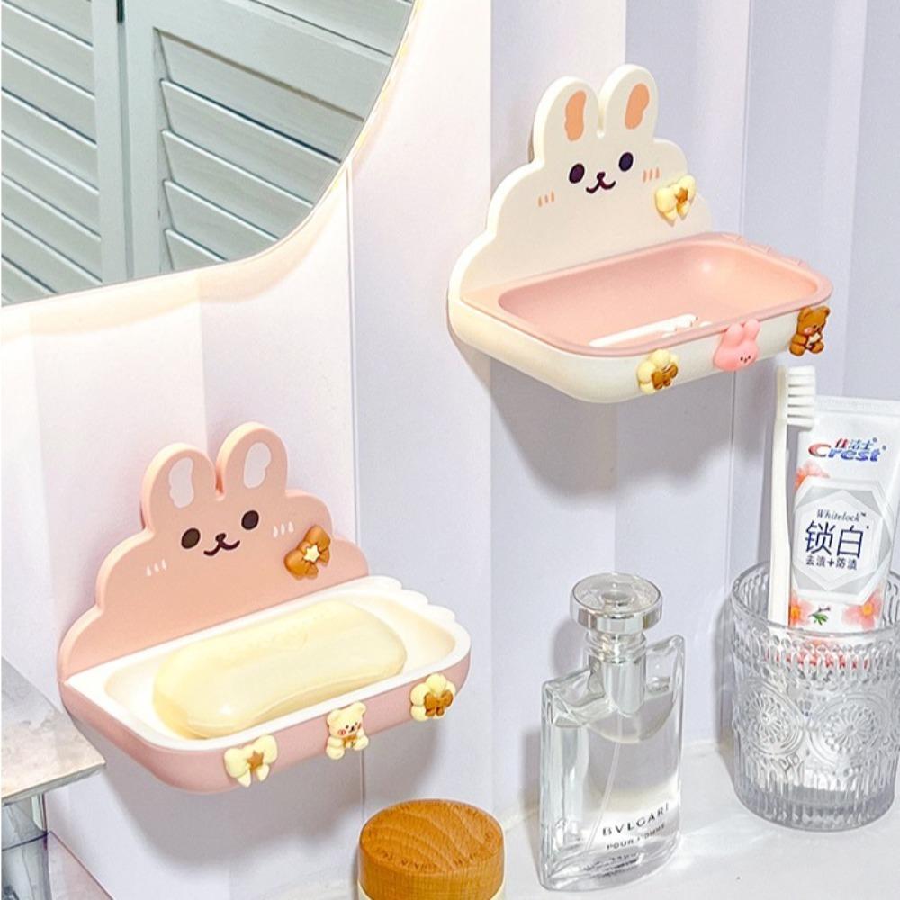 with 3D Paster Punch Free Soap Rack Cartoon Rabbit Soap Dish Holder Soap Storage Tray Shower