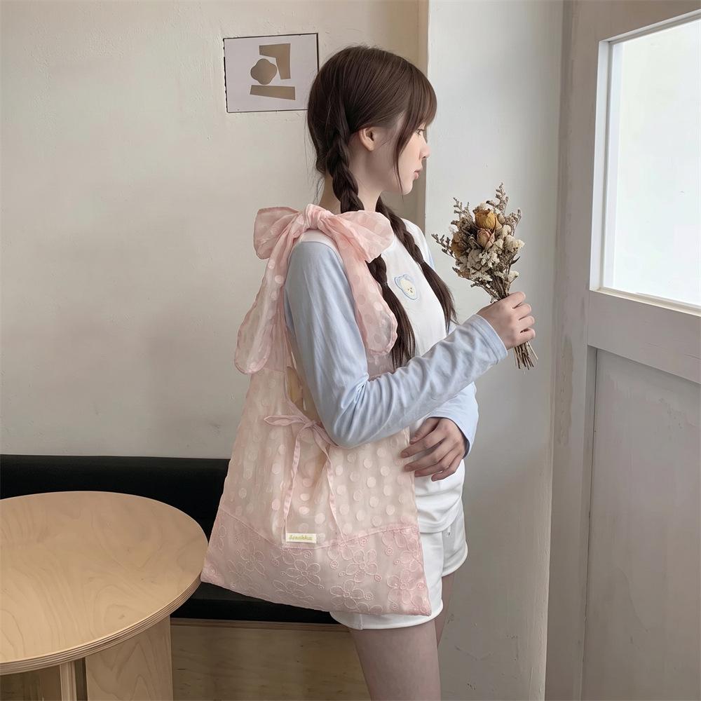 Korean Style Polka Dot Organza Bow Tote Bag Sequin Large Capacity Fairy Shoulder Bag Commuter Bag