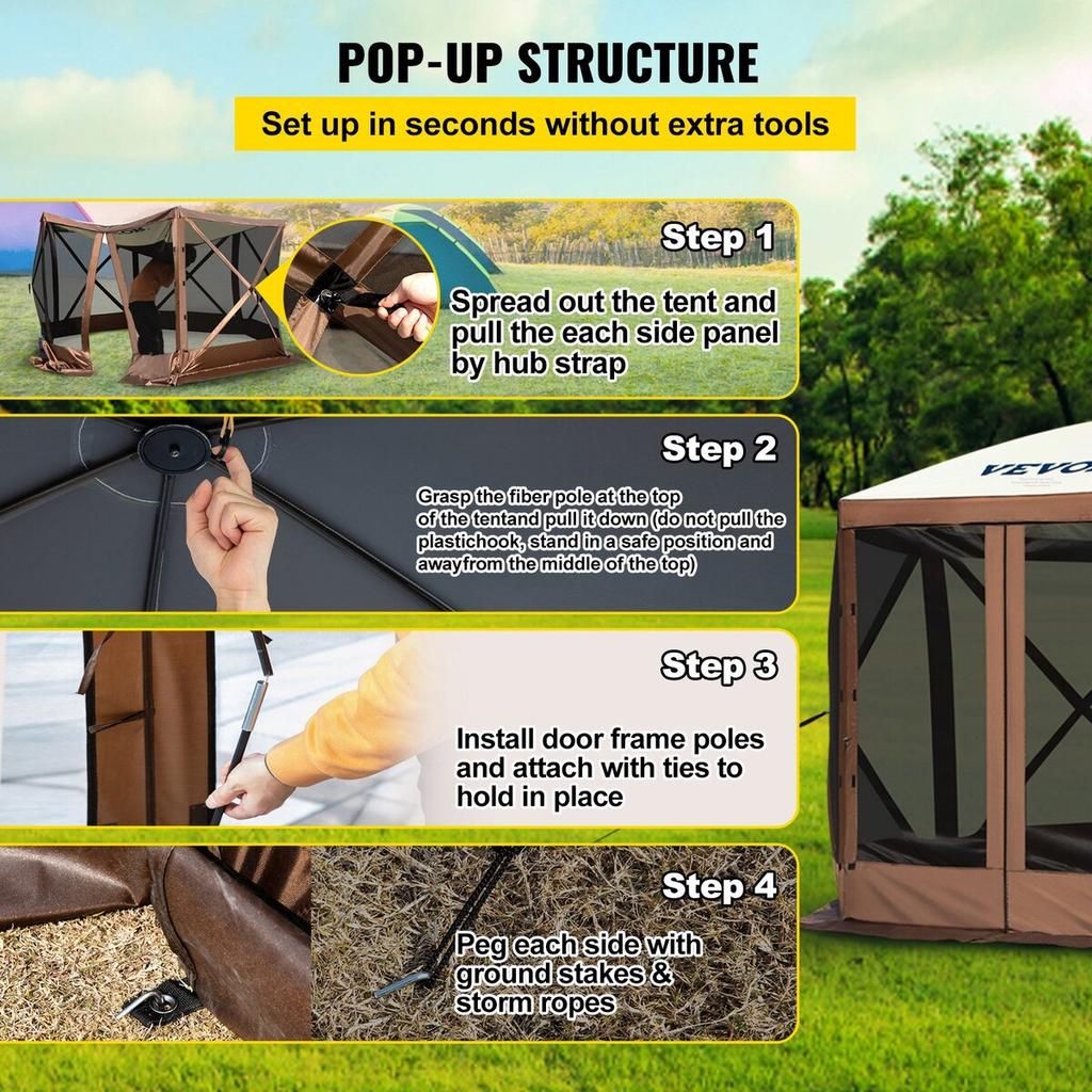 Pop-up Camping Gazebo Camping Canopy Shelter 6 Sided 12' x 12' Sun Shade
