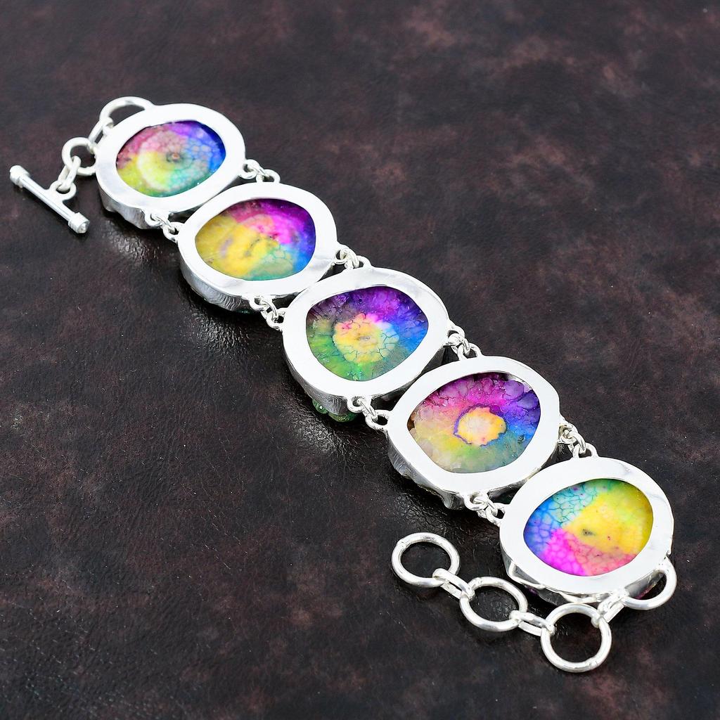 Радужный солнечный кварцевый браслет-друзи, ювелирные изделия ручной работы из драгоценных камней, браслет из стерлингового серебра 925 пробы, регулируемый браслет-цепочка, подарок на помолвку для нее