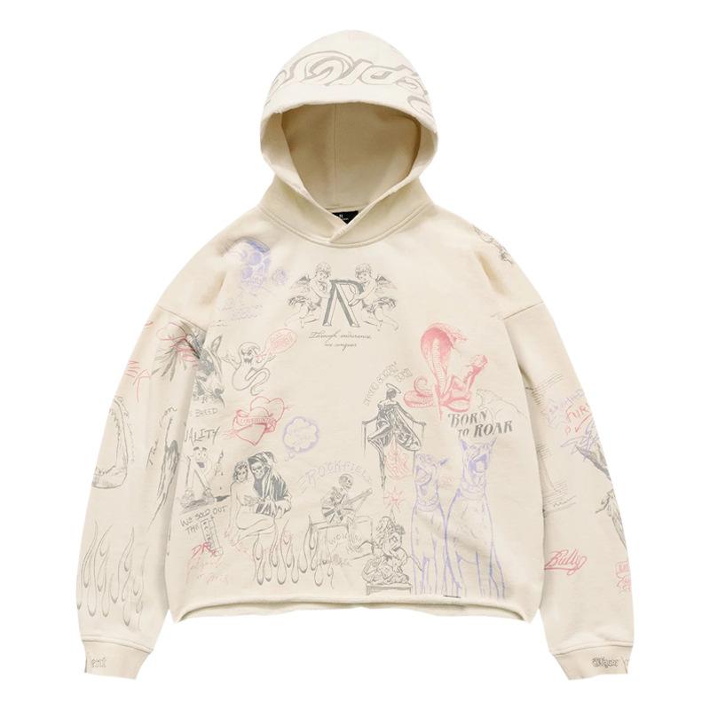 EastRogue Angelic Viper Hunter Car Print American High Street Washed and Distressed Hooded Sweatshirt for Men and Women