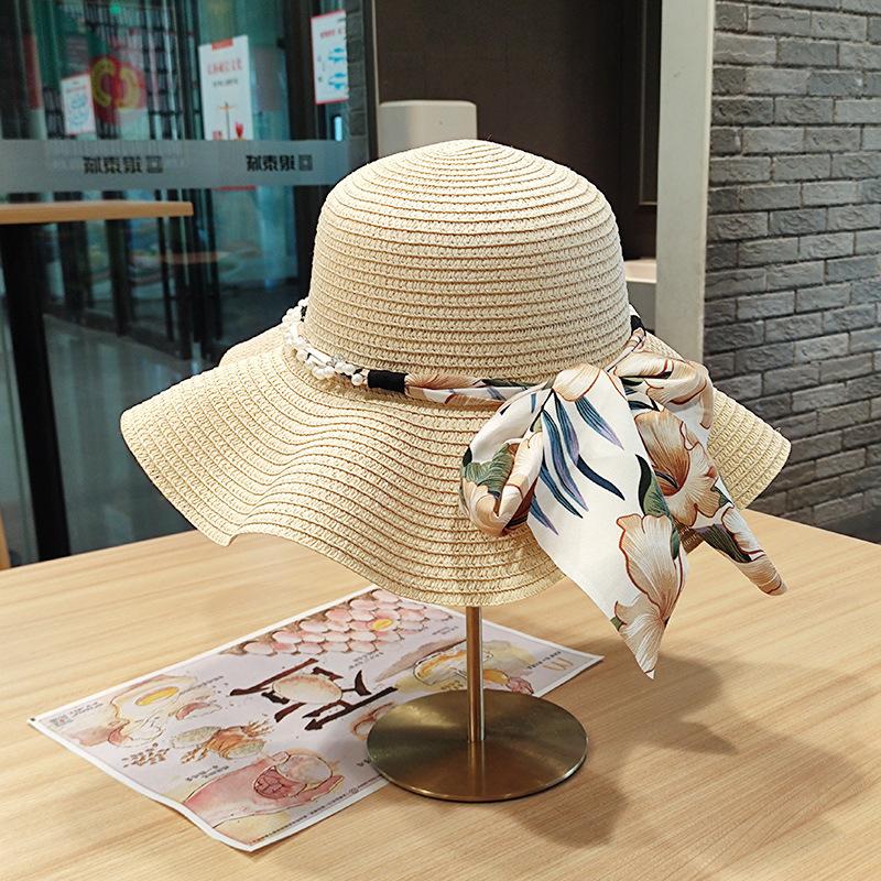 New wavy edge bow straw hat summer large brim sun protection breathable hat embryo light board hat