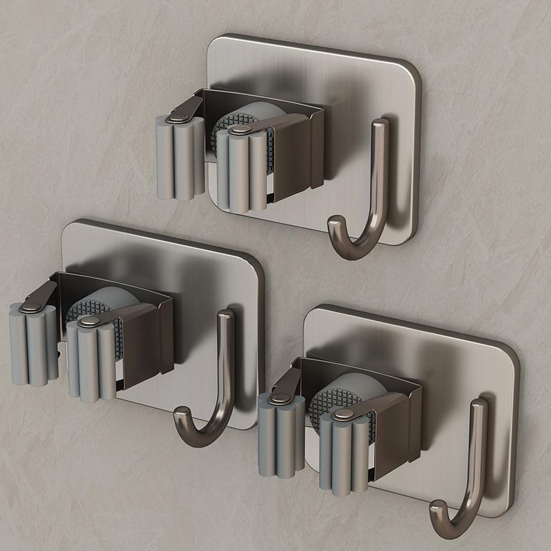 Gun gray mop wall hanging clip hook bathroom non-punching multi-function wall stainless steel broom fixed hanger