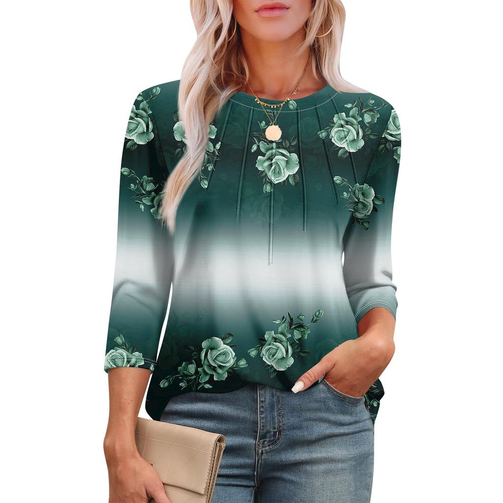 Женская модная футболка с круглым вырезом и рукавом 3/4 с принтом, повседневная, базовая, плиссированная, пуловер