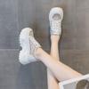 Fujin 8cm Lace Sequined Air Mesh Cow Genuine Leather Chunky Sneakers Wedge Platform Breathable Hollow Vulcanized Summer Ladies