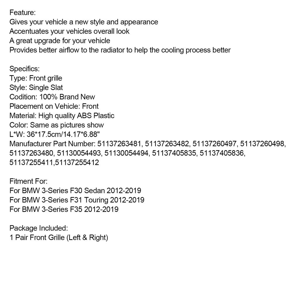 Gloss Black Front Kidney Grill Grille Fit BMW 3 Series F30 F31 F35 2012-2019