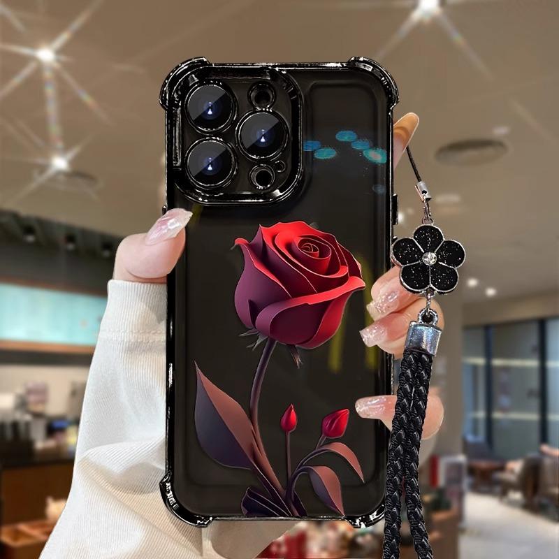 Красная цепочка подходит для противоударного чехла для телефона Apple 16PRO с четырьмя углами 15, с гальванизированным прозрачным силиконом 14/13