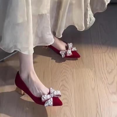 Новая сценическая одежда свадебные туфли год свадебный тост жемчуг ниша бант красные высокие каблуки толстый каблук женская обувь 2025