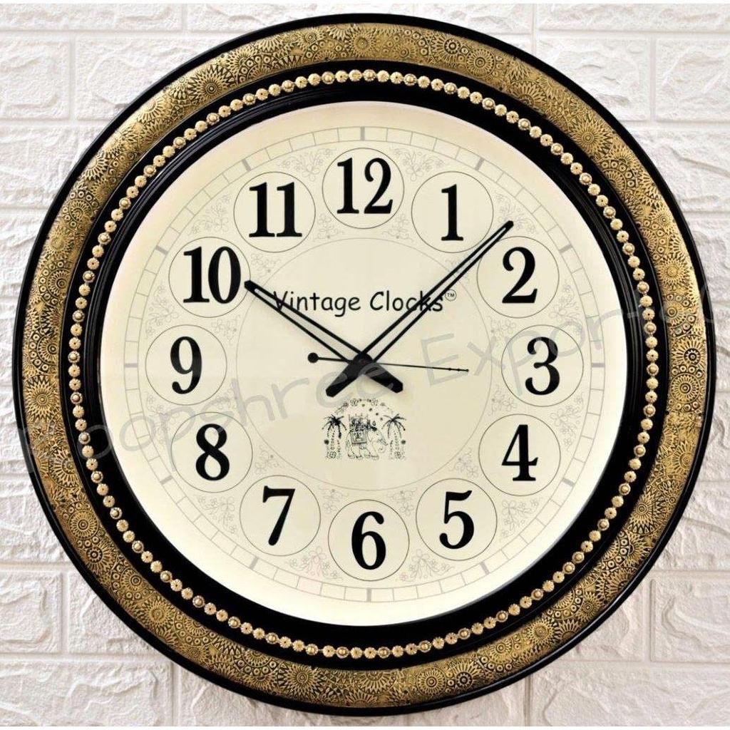 Очень большие деревянные аналоговые часы ручной работы с латунной инкрустацией / Английские цифры