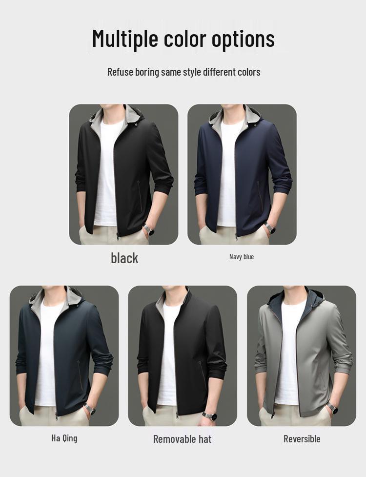 Men's Double-Sided Mulberry Silk Jacket - Hooded, Loose Fit, Business Casual, Spring/Autumn Outerwear