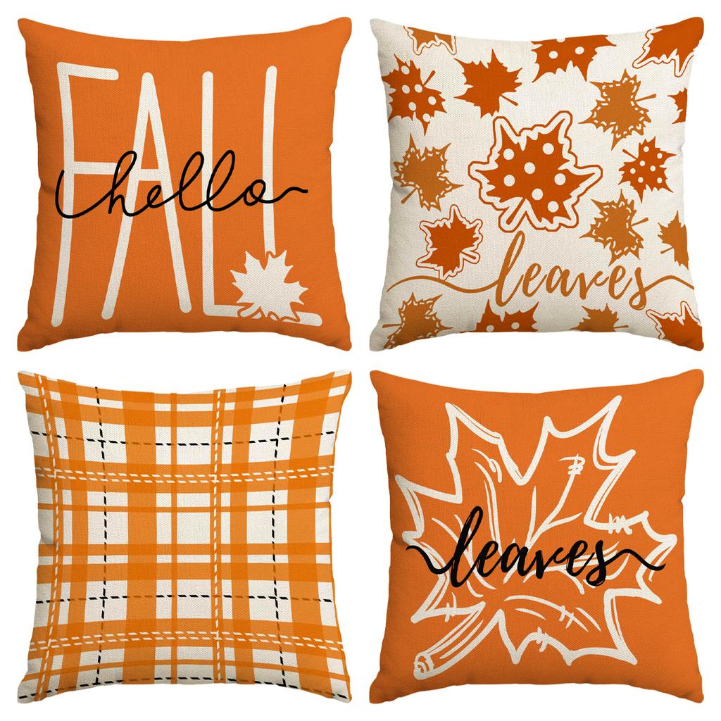 4Pcs Thanksgiving Pillow Cover, Autumn Harvest Decoration Pillow Cover, Maple Leaf Pumpkin Cushion Cover, Farmhouse Decoration