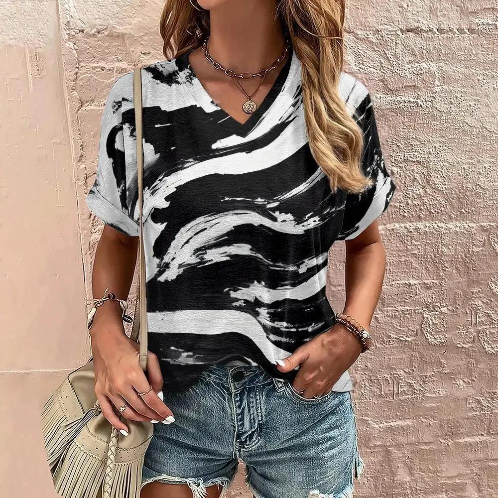 Летняя женская футболка с винтажным цветочным принтом и V-образным вырезом, футболки, женская модная тенденция, одежда с коротким рукавом, женская повседневная одежда