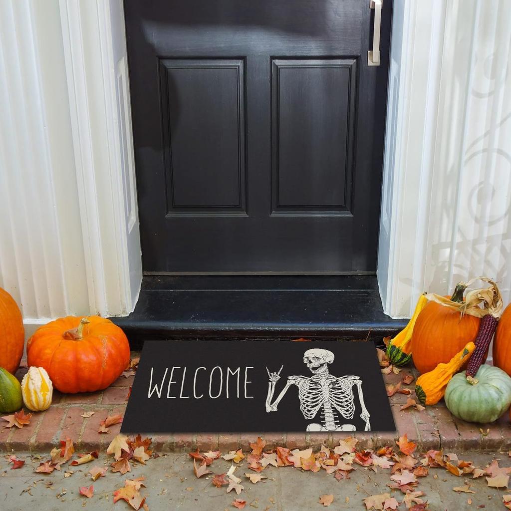 Halloween Scary Skeleton Gesture Print Welcome Carpet Mat Rug Skull Rose Border Non-Slip Indoor Outdoor Home Decoration
