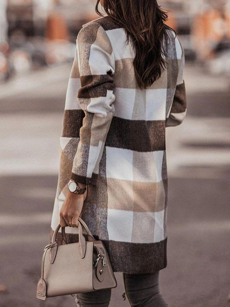 Длинное шерстяное пальто в клетку 2025: Женская демисезонная/зимняя верхняя одежда с лацканами, однобортный дизайн.