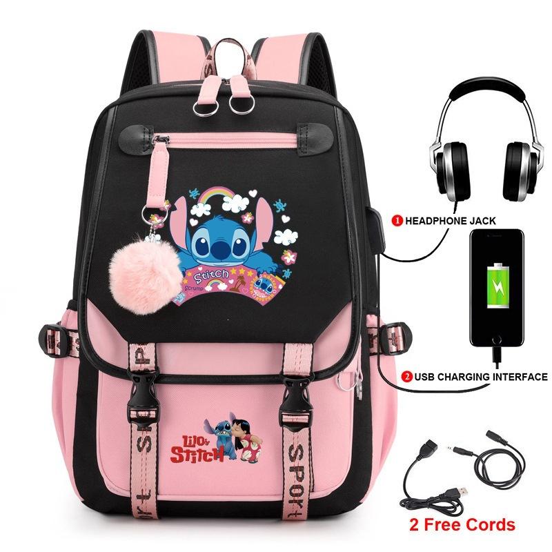 Stitch Backpack for Students Cute Cartoon Laptop Bag with USB Port Fashion Style
