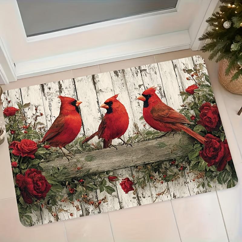 1pc Cardinal Bird Red Rose Distressed Wood Board Flannel Mat Entrance Door Mat Bathroom Bedroom Anti-Slip Foot Mat Home Decor Christmas Theme Mat