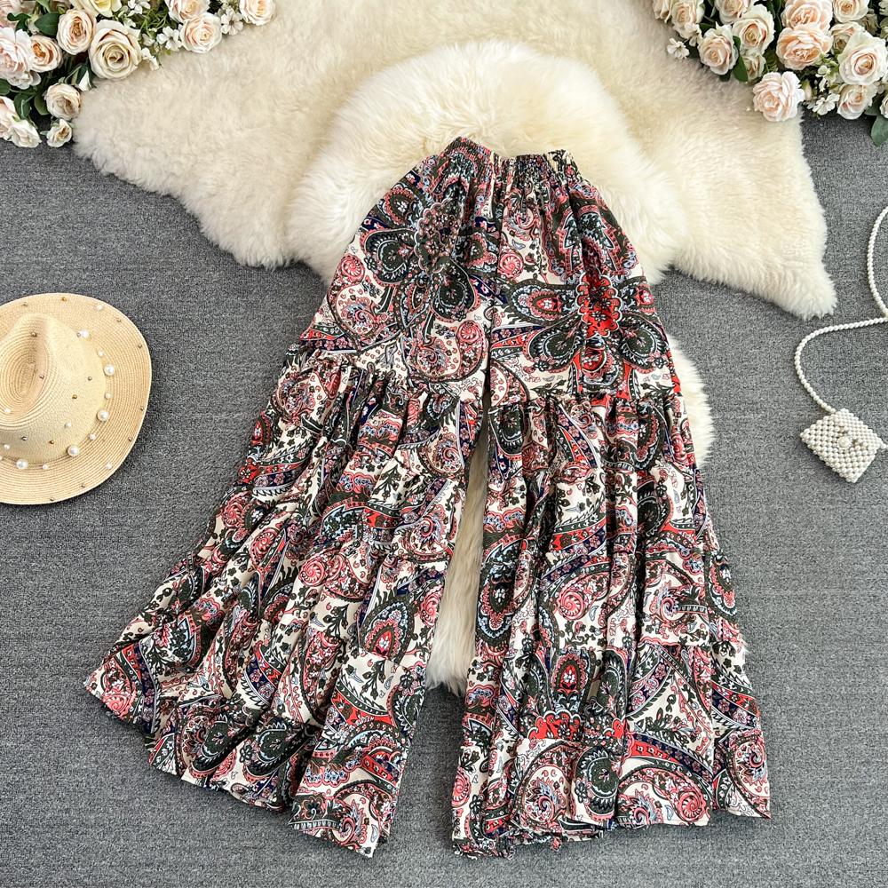 Summer Bohemian Vacation Beach Pants Elegant High Elastic Waist Wide Leg Printed Trouser Casual Flare Fladas New Fashion
