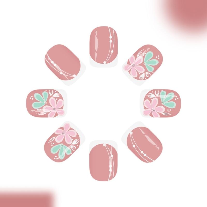 24Pieces Artificial Nail French Tip Pink Flower Glittering Press stick Nail for Women Party and Date Event