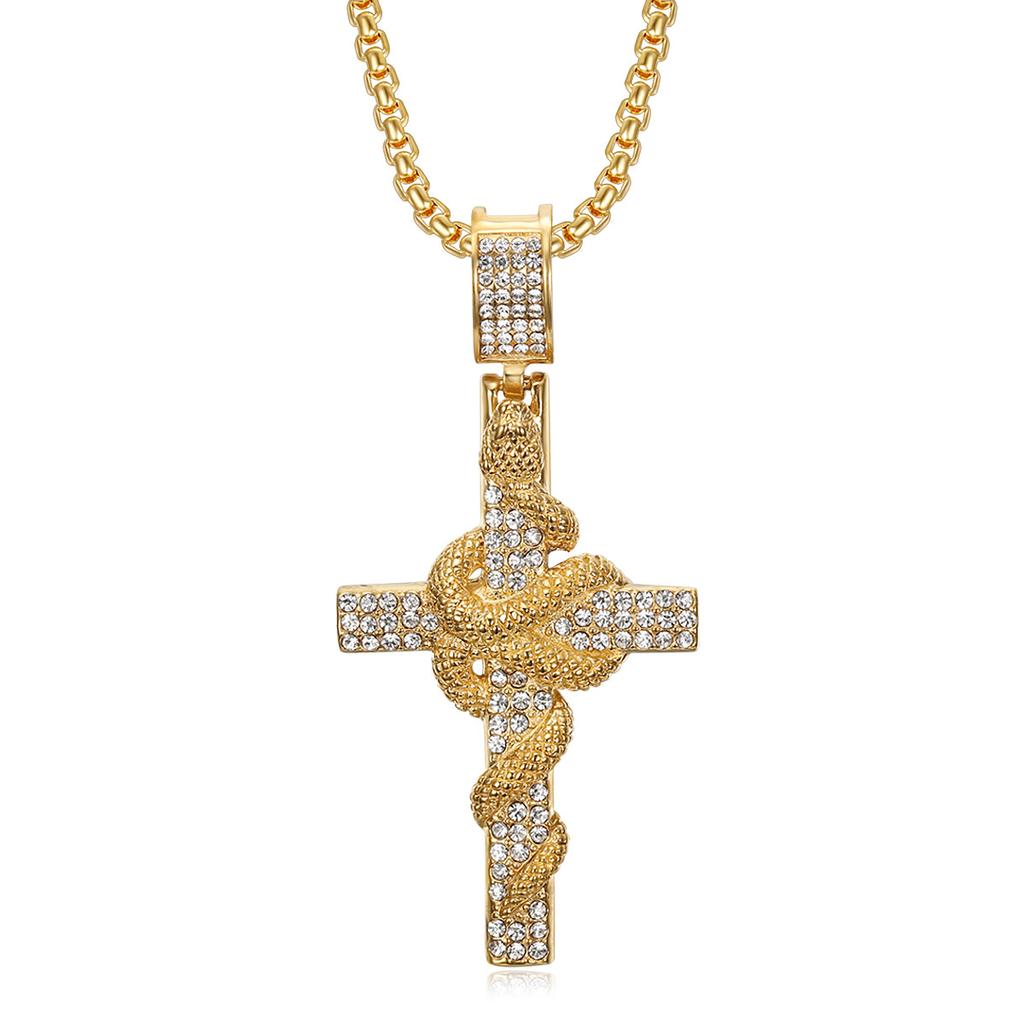 European and American Hip Hop, Gold-plated Full Diamond Fine Snake Plate Cross Pendant, Hip-hop Rap Wear Pendant