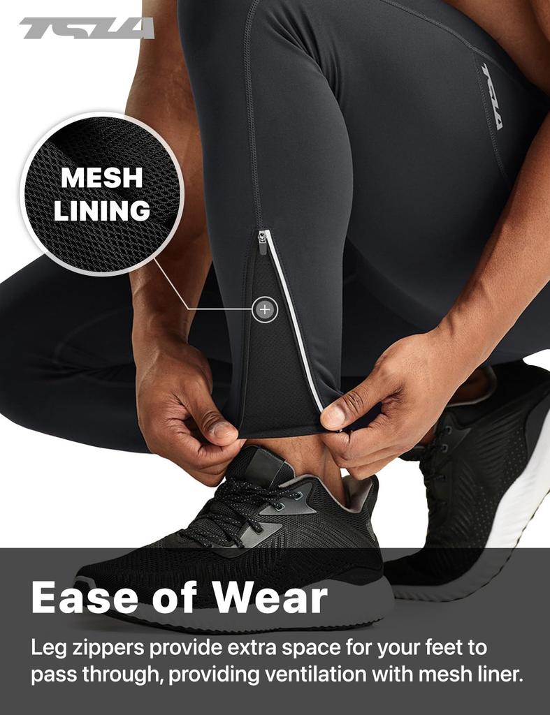 Tesla Men's Running Tights, Warm, Stretchy, Cycling Compression Wear, Fleece Material, Ankle Zippers, Back Pocket, Autumn/Winter, YUL80-CHC_3XL