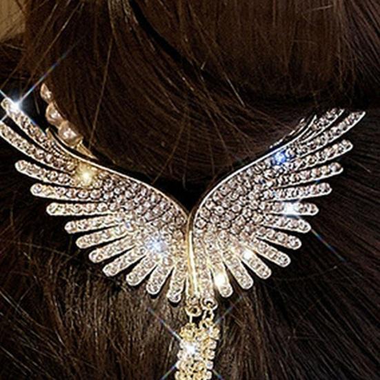 Lady Ponytail Claw Wings Shape Shiny Rhinestone Faux Pearl Long Tassel Multi Teeth Stainless Hair Decoration Lightweight Bridal Hair Bun Hair