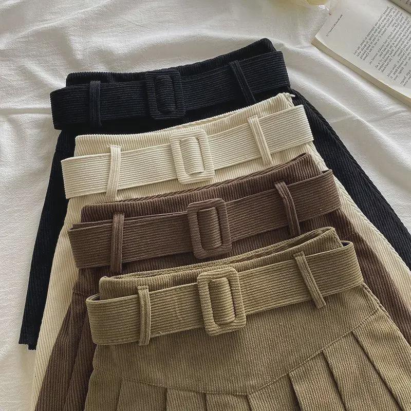 Women's Corduroy Pleated A-Line Skirt – High Waist, Slim Fit, College Style for Spring, Autumn, and Winter 2024