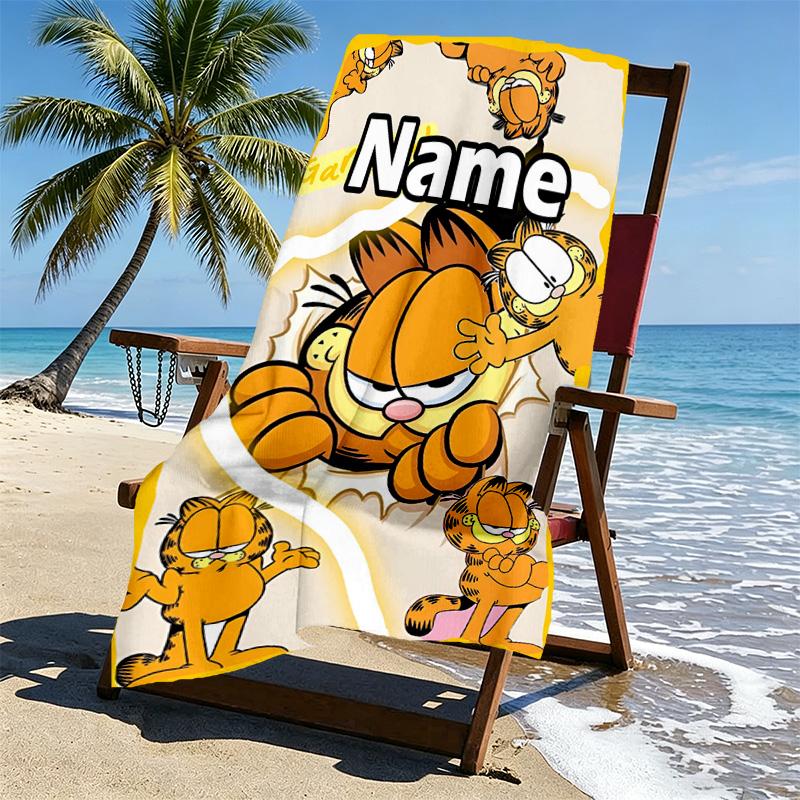 Custom Name Personalized Garfield Print Beach Towel, for Trip Camping Beach Party Home Decor, Birthday Gift for Family & Friends
