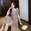 New French Square Collar Puff Sleeve Floral Dress Summer Chiffon Tight Waist Slimming Split Long Dress