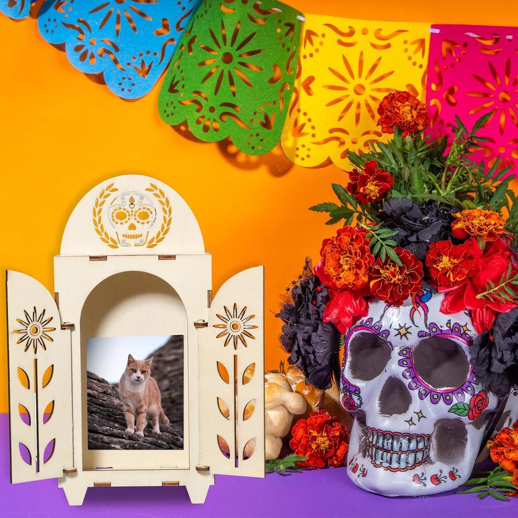 Soaoo Dia De Los Muertos Ofrenda Shadow Box, Wooden Day of The Dead Shadow Box, Skull Papel Picado Day of The Dead Decorations, Altar Ofrenda