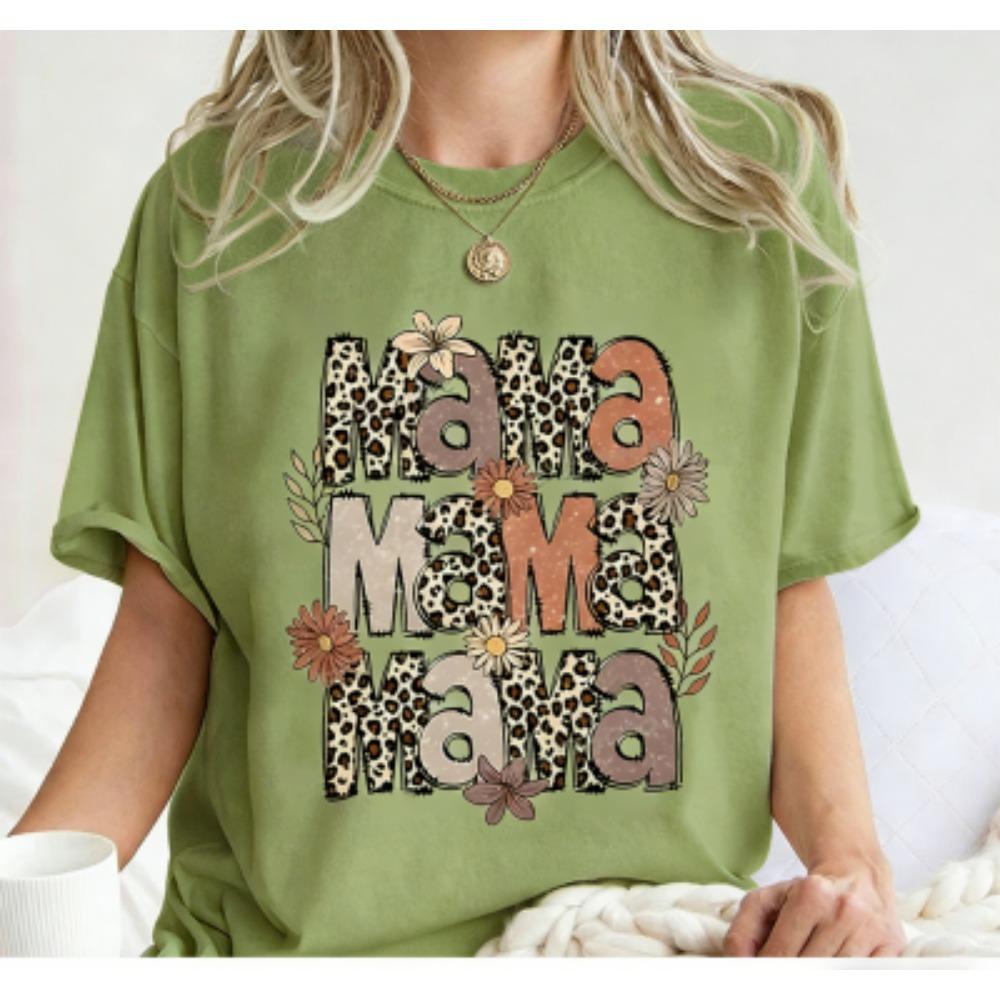 Funny Leopard Letter Mama Flower Print Women's Short Sleeves T-Shirt Loose Casual Summer Outdoor Street Women's Tees Tops