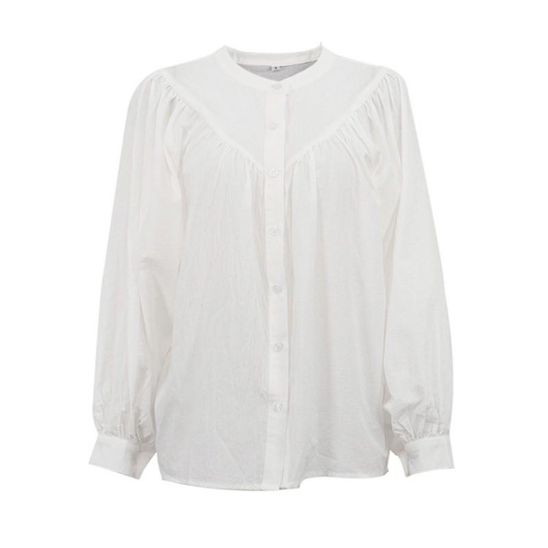 Womens Casual Fashion White Shirt Stand Collar Long Sleeve Versatile Button Up Blouse