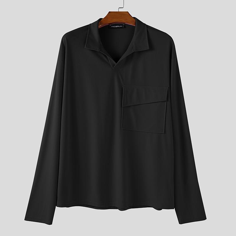 INCERUN Мужские футболки оверсайз с лацканами, длинным рукавом, однотонные, свободные, повседневные