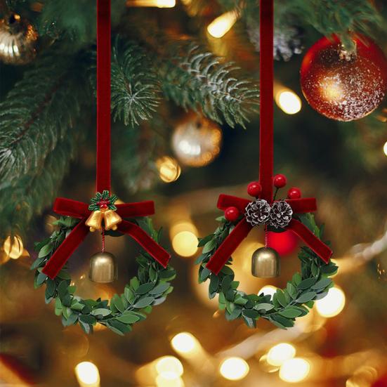 Christmas Bell Wreath Hanging Ornament Mini PVC Garland with Red Bow Xmas Tree Decor