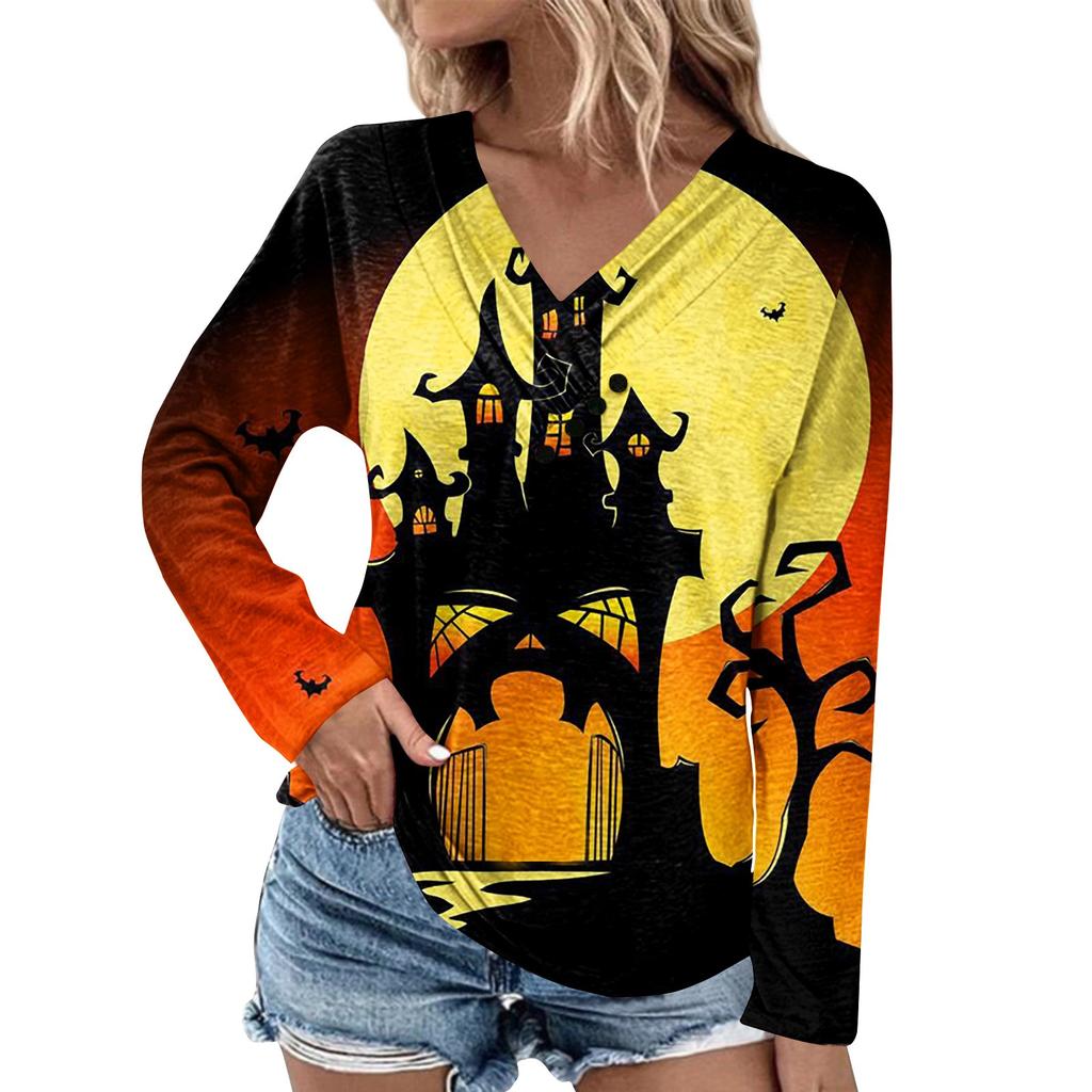 Long Sleeve Blouses For Women Casual V Neck Button Down Shirt Halloween Print Blouse Tops Loose Fit Fall Shirt Top