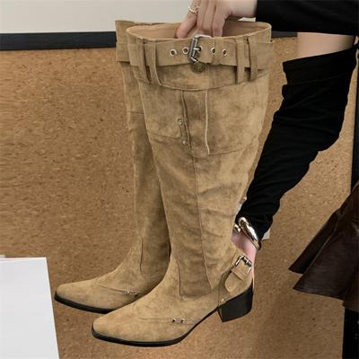 Винтажные женские сапоги до колена, модный дизайн, ремешок с пряжкой, острый носок, квадратный низкий каблук, женская обувь Де Мухер