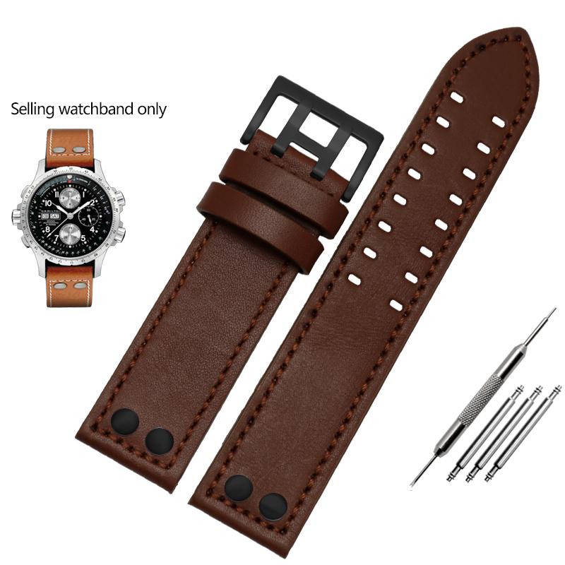 ОДИННатуральная кожаный ремешок для часов Hamilton Khaki Aviation Field Series Мужской ремешок Браслет с заклепками Коричневый 20мм 22ммMN