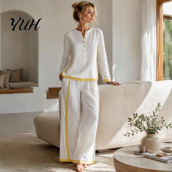 Women Two Piece Outfits Matching Set, V-Neck Button-Up Sweatshirt, High Waisted Vacation Wide Leg Pants, Contrast Color Lounge Set for Daily Wear Sets
