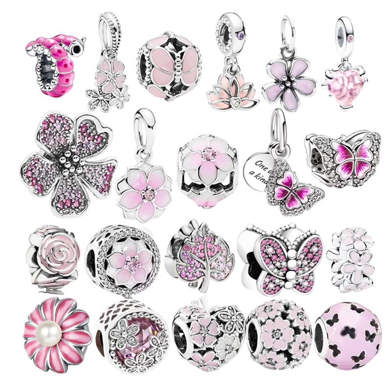 Pink Butterfly Cherry Blossom Flower Caterpillar Charm Enamel Bead fit Original Silver Bracelet Jewelry Accessories for Women