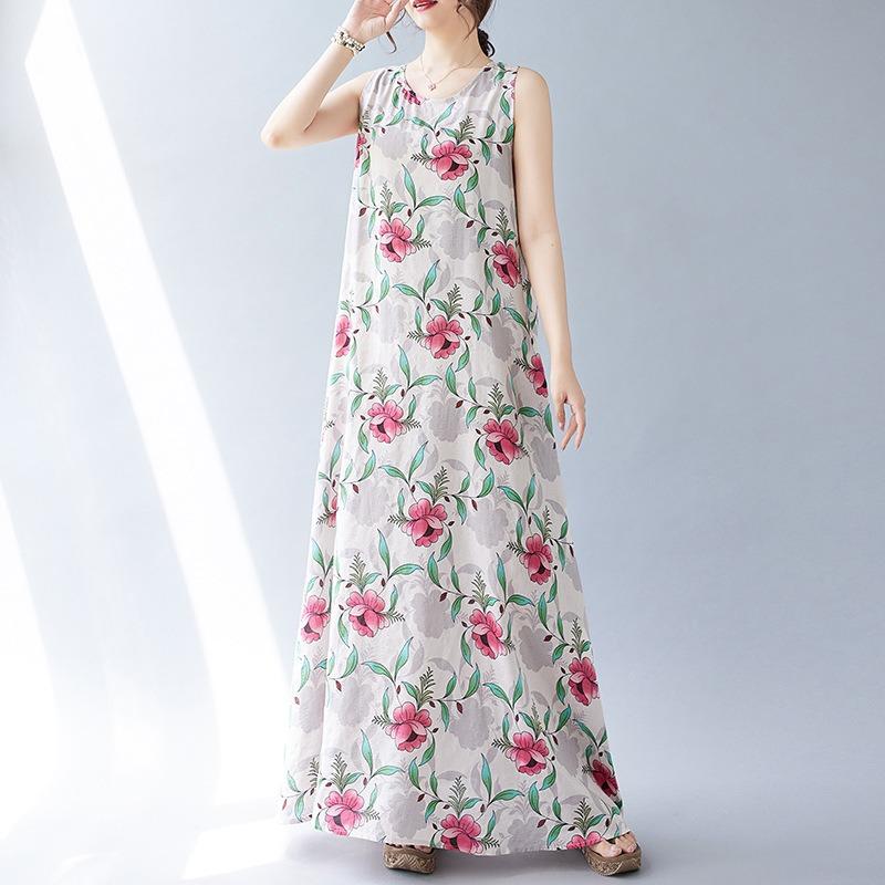 Летнее свободное платье без рукавов с круглым вырезом и принтом средней длины для женщин, повседневные платья