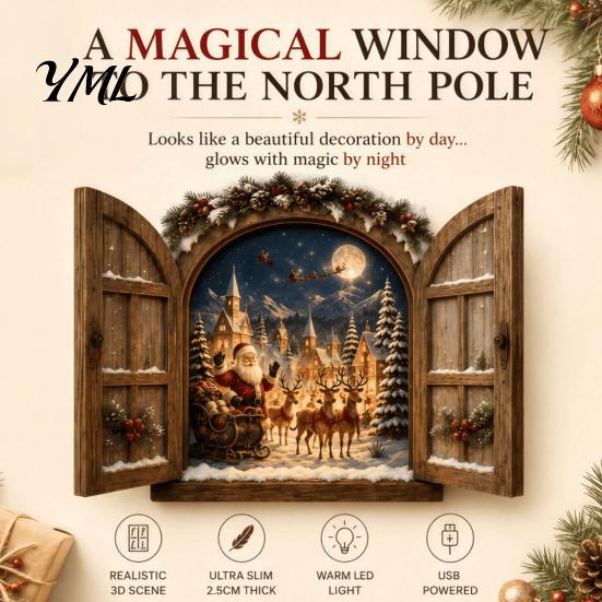 Winter Holiday Wall Ornament Santa Claus Window Light, 3D Lighted Christmas Decor, Warm LED Reindeer Snowy Indoor Home Decor Village Scene,