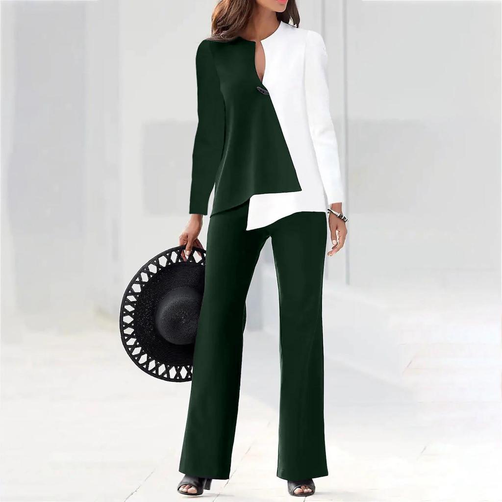 Women's Sets Casual Long Sleeve Round Neck Color Block Top Straight Trousers 2-piece Set