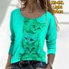 Кот с мультяшным принтом, круглый вырез с длинными рукавами, осенний популярный женский топ для свиданий, повседневный стиль, топ XS-8XL
