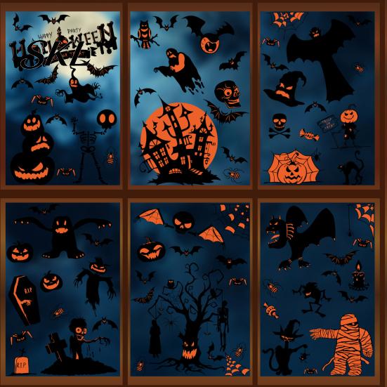 Non-adhesive Halloween Decals 9 Sheets Window Clings, Happy Pumpkins Witch Ghost Bats Castle Clings Stickers, PVC Waterproof for Home Classroom Party