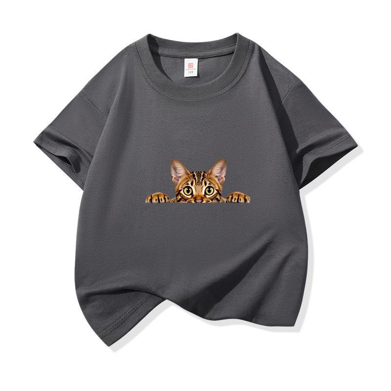 Kids Pure Cotton T Shirt Peeking Bengal Cat Print Crew Neck Short Sleeve Tee Casual Breathable Boys Girls Summer Tops