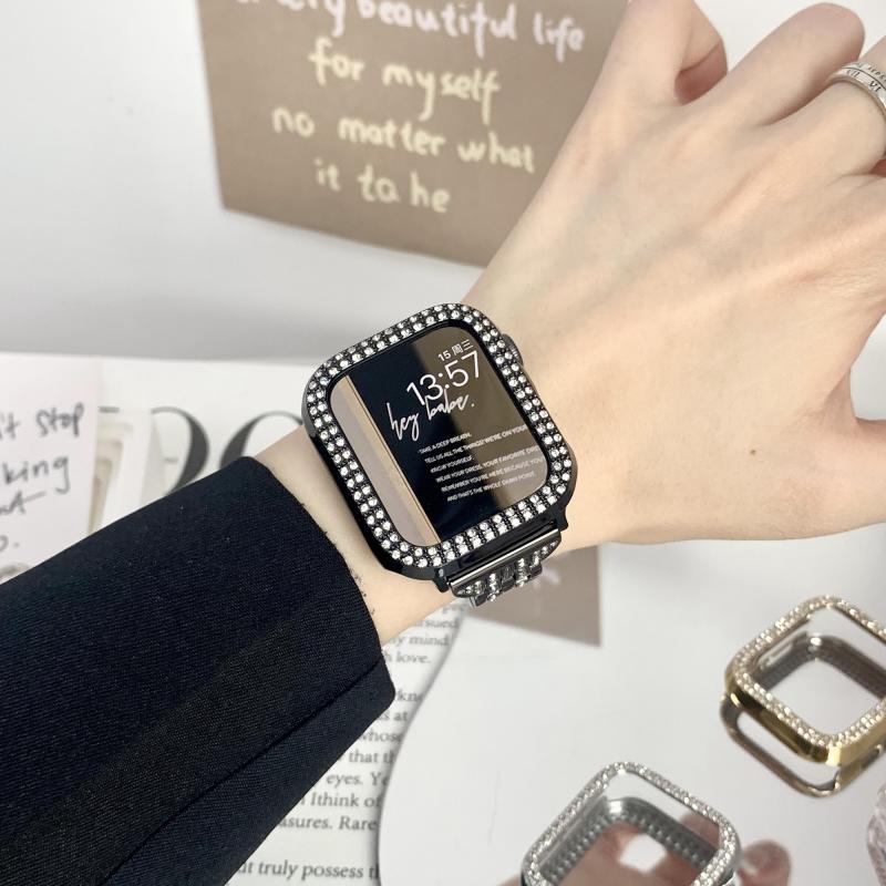 Подходит для applewatchS10/11 двухрядный корпус с бриллиантами Apple Watch iwatch9876se полый полупрозрачный чехол