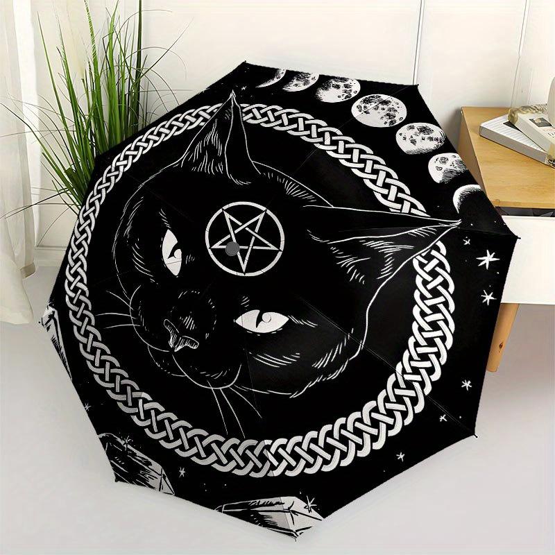 Black Cat Pentagram Moon Phase Celtic Knot Crystal Sticker Umbrella, Cute Umbrella with Cute Design, Portable 3-Fold Compact Umbrella for Men & Women,